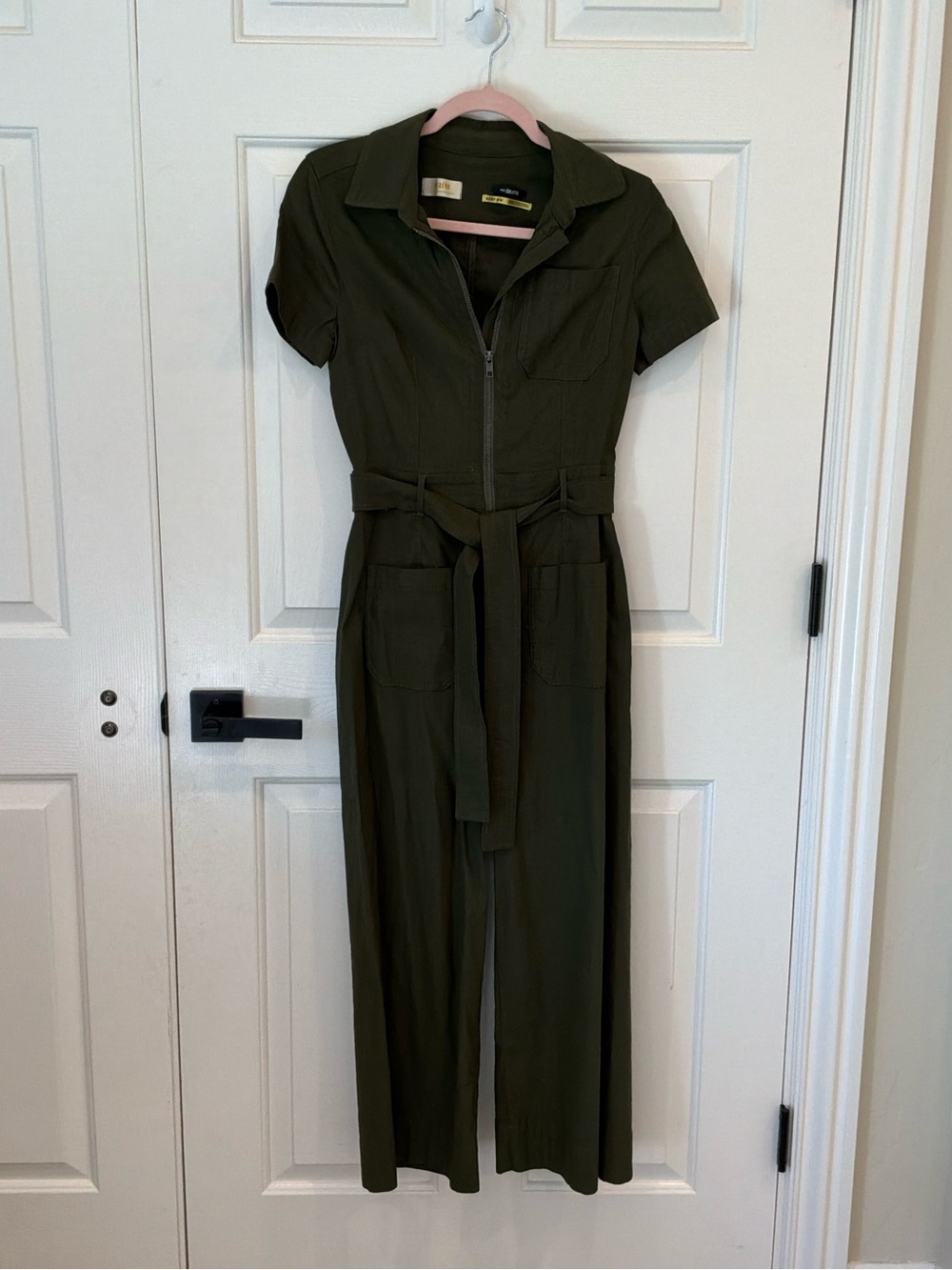 Anthropologie Olive Green Short-Sleeve Zip Utility Jumpsuit